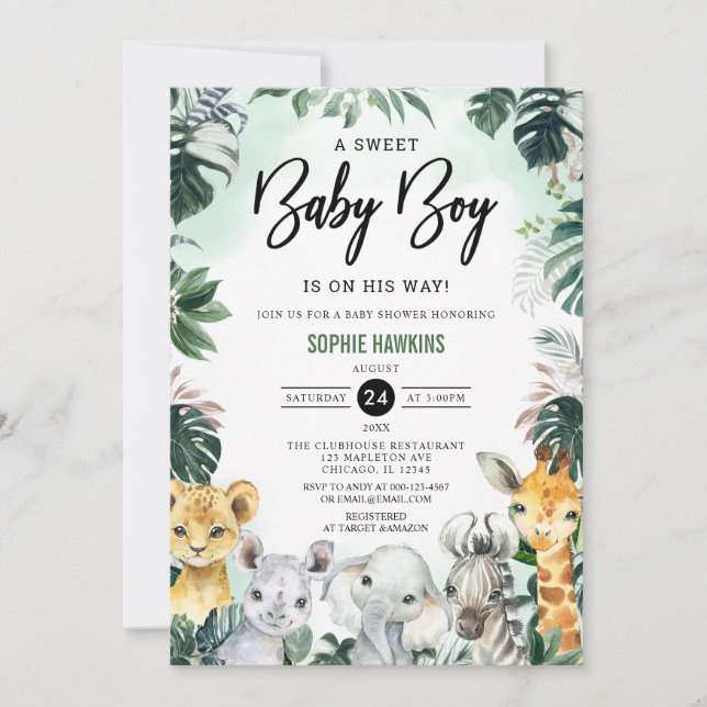 Invitation  Jungle Vert sauvage Safari Animaux Baby shower (Devant)