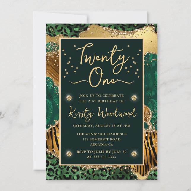 Invitation Jungle Verte Imprimé Animal Agate 21e Anniversaire (Devant)