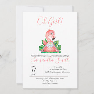 Invitation Jungle Watercolor Baby shower Flamant rose rose In