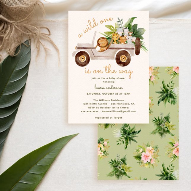 Invitation Jungle Wild One Animal Safari Baby shower (Safari baby shower invitation with watercolor animals in 4x4 car and tropical flowers)