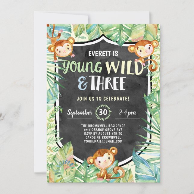 Invitation Jungle Young Wild et Three Birday Party (Devant)