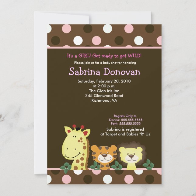 Invitation JUNGLE ZOO PARTY 5x7 Baby shower Brown/rose (Devant)