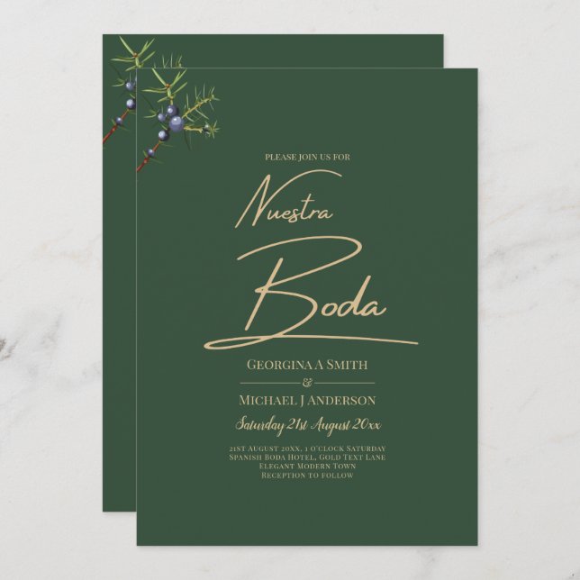 Invitation JUNIPER Green Gold Mariage moderne (Devant / Derrière)