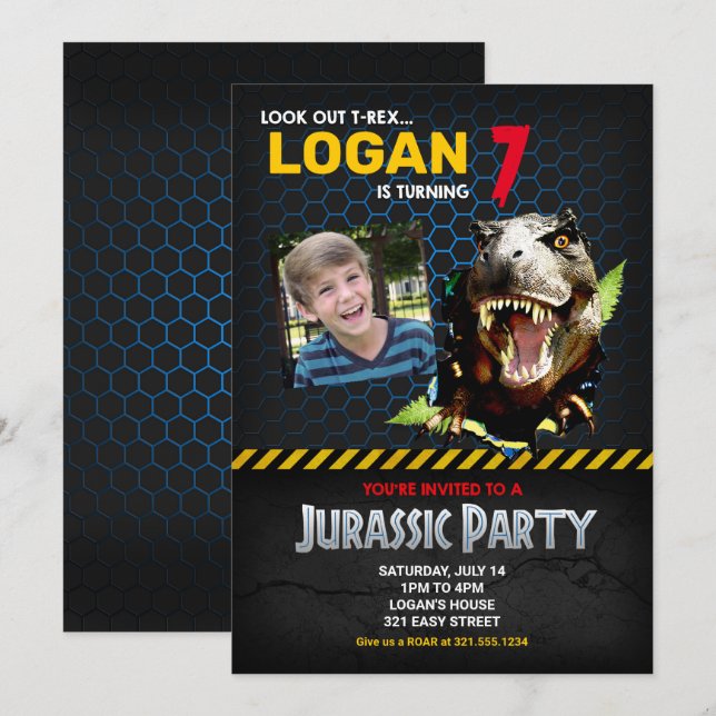 Invitation Jurassic Dinosaur Theme Birthday Party (Devant / Derrière)
