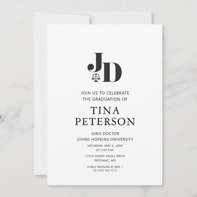 Invitation Juris Docteur en Droit École de la Partie de Gradu (Devant)