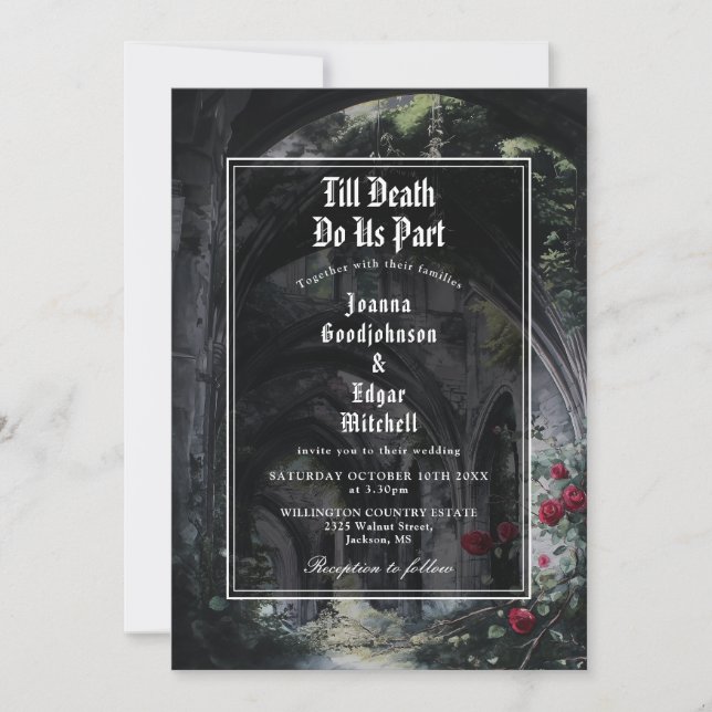 Invitation Jusqu'à ce que la mort gothique ruines roses monog (Devant)