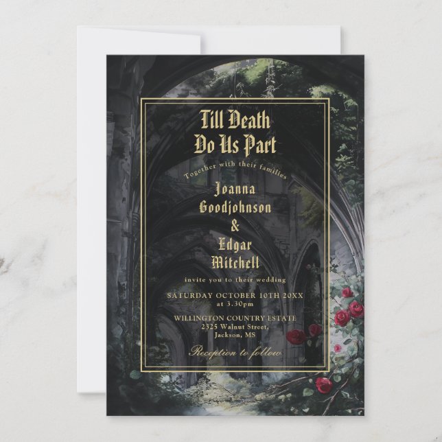 Invitation Jusqu'à ce que la mort gothique ruines roses monog (Devant)