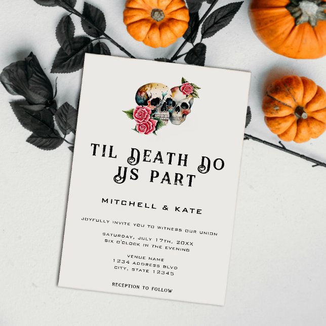 Invitation Jusqu'à ce que la mort nous sépare des crânes et d (Til Death Do Us Part Skulls & Roses White Wedding Invitation)