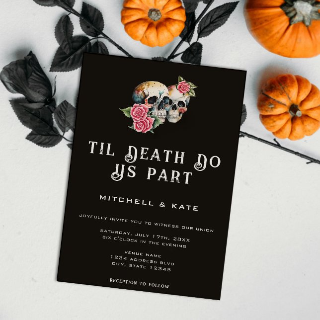 Invitation Jusqu'à ce que la mort nous sépare des crânes et d (Til Death Do Us Part Skulls & Roses Black Wedding Invitation)
