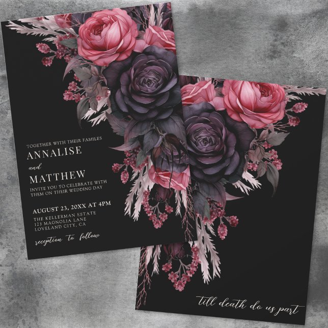 Invitation Jusqu'à ce que la mort nous sépare Gothique Fleurs (Till Death Do Us Part Gothic Black Floral Wedding Invitation)