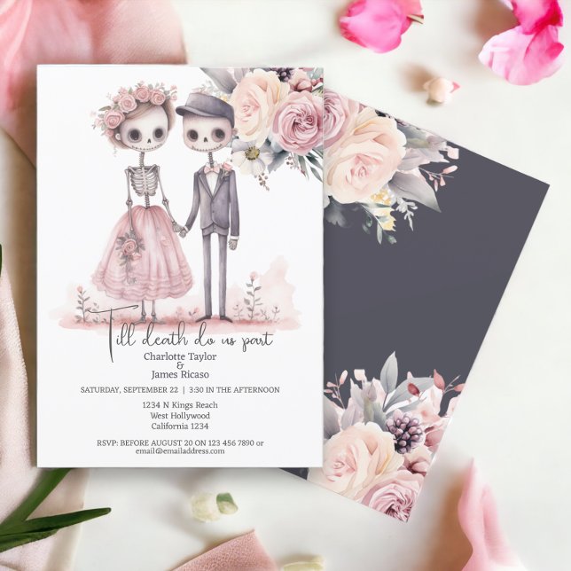 Invitation Jusqu'à la mort, faisons-nous partie Mariée et Gro (Till death do us part Bride and Groom Invitations from Ricaso. Cute skeleton couple with flowers)