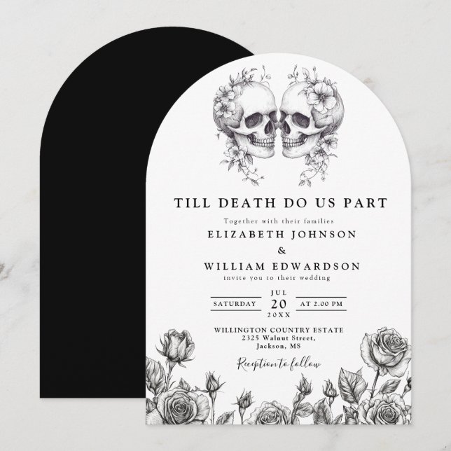 Invitation Jusqu'à la mort Gothique Crânes florales Mariage A (Devant / Derrière)