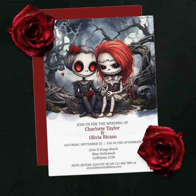Invitation Jusqu'à la mort nous faisons partie Deux Mariées (Till death us do part Two Brides Invitations from Ricaso. 

Two skeleton brides sat in scary forest)