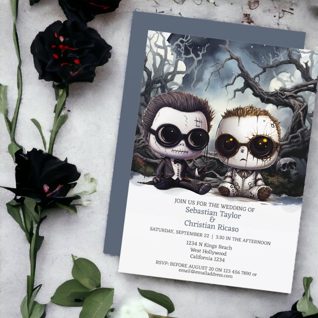 Invitation Jusqu'à la mort nous faisons partie Deux pièces (Till death us do part Two Grooms Invitations from Ricaso
Two groom spooky dolls in haunted forest)