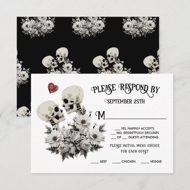 Invitation Jusqu'à la mort nous Part Skeleton Couple Floral R (Devant / Derrière)