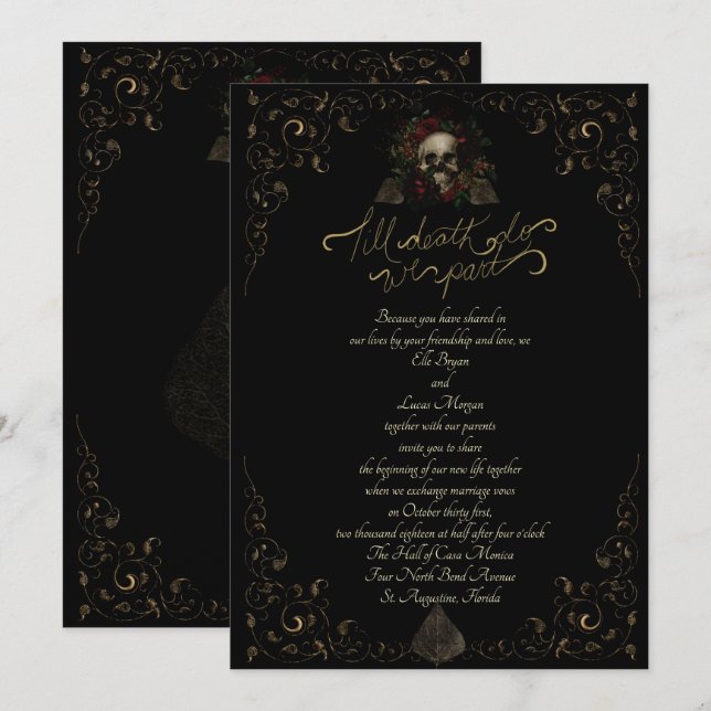 Invitation Jusqu'à la mort Ornement Doré Elégant Goth Mariage (Devant / Derrière)