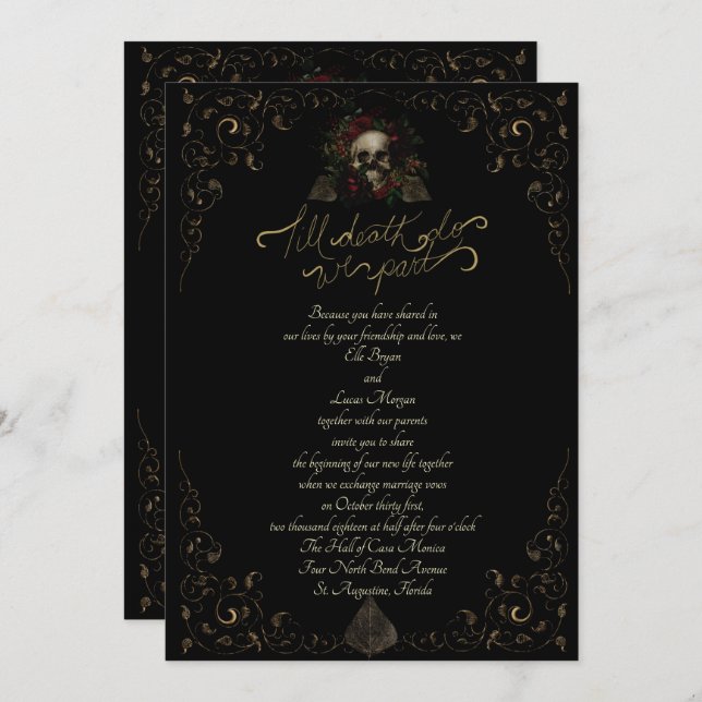 Invitation Jusqu'à la mort Ornement Doré Élégant Mariage Goth (Devant / Derrière)