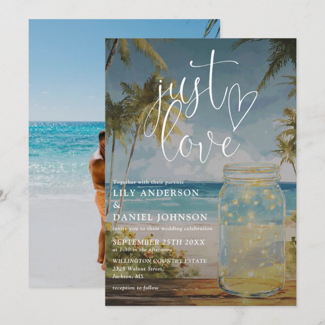 Invitation Just Love Beach Palm Tree Pot en verre Photo Maria (Devant / Derrière)