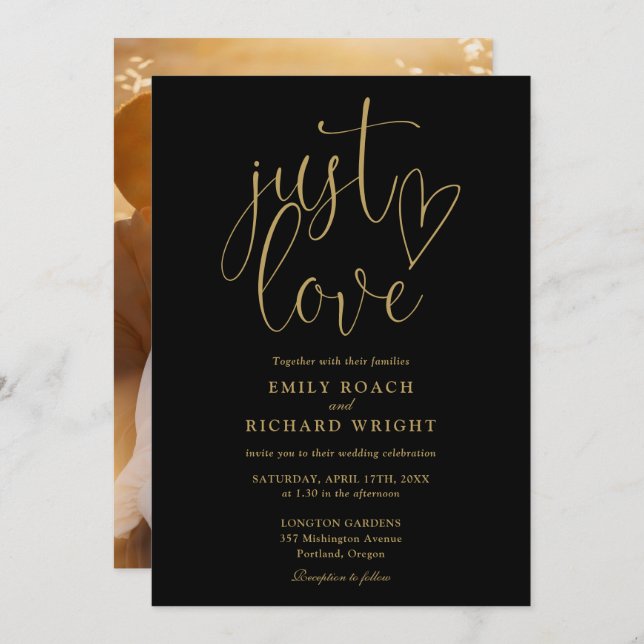 Invitation Just Love Black And Gold Script Mariage photo (Devant / Derrière)