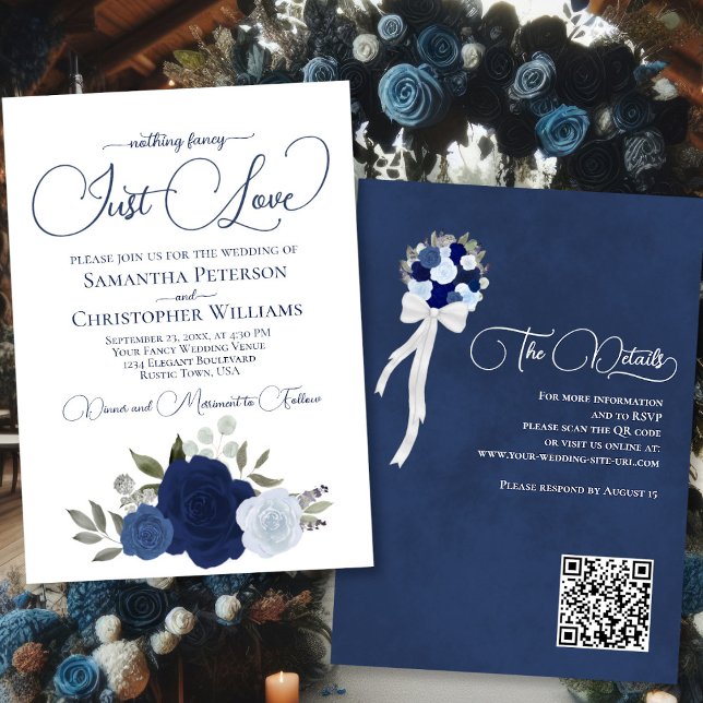 Invitation Just Love Blue Roses Boho Floral QR Code Mariage (Front/Back)