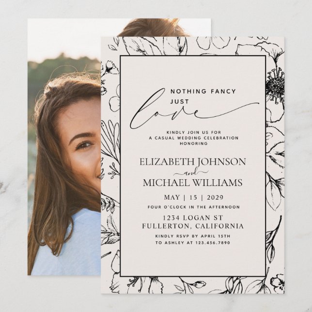 Invitation Just Love Blush Black Botanical Photo Mariage (Devant / Derrière)