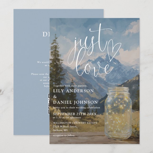 Invitation Just Love Boho Mountain Mason Jar Code QR Mariage (Devant / Derrière)