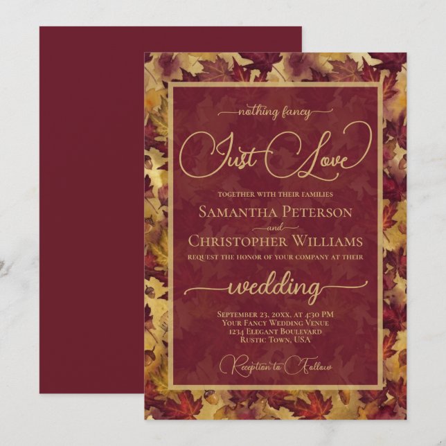 Invitation Just Love Burgundy & Gold Autumn Leaves Wedding (Devant / Derrière)
