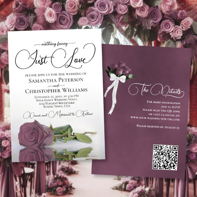 Invitation Just Love Chic Dusty Mauve Rose QR Code Mariage (Front/Back)