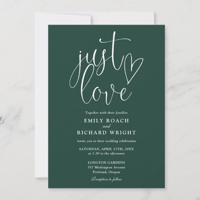 Invitation Just Love Code QR Moderne Mariage Vert Emeraude (Devant)