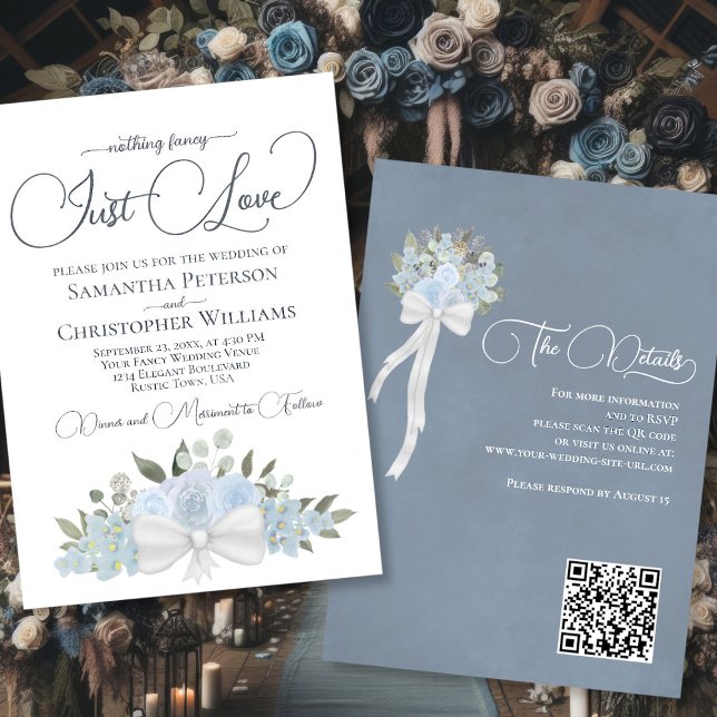 Invitation Just Love Dusty Blue Boho Floral QR Code Mariage (Front/Back)