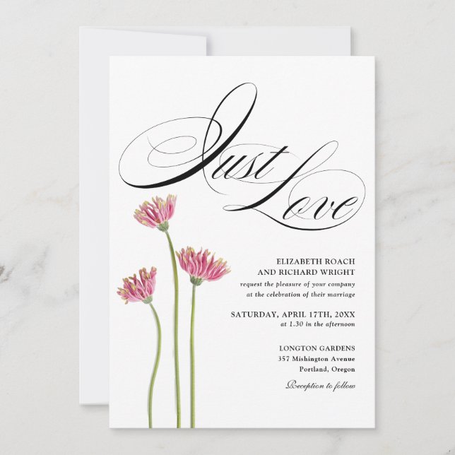 Invitation Just Love Écriture Élégante Florale Mariage (Devant)