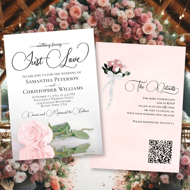 Invitation Just Love Elegant Blush Rose Rose QR Code Mariage (Front/Back)