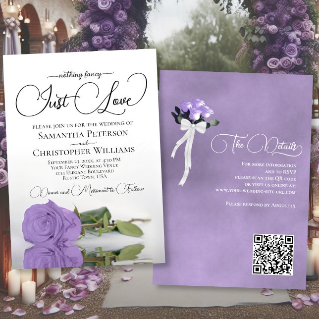 Invitation Just Love Elegant Lavender Rose QR Code Mariage (Front/Back)
