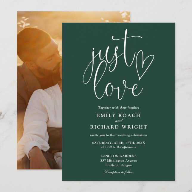 Invitation Just Love Elegant Photo Emerald Green Mariage (Devant / Derrière)