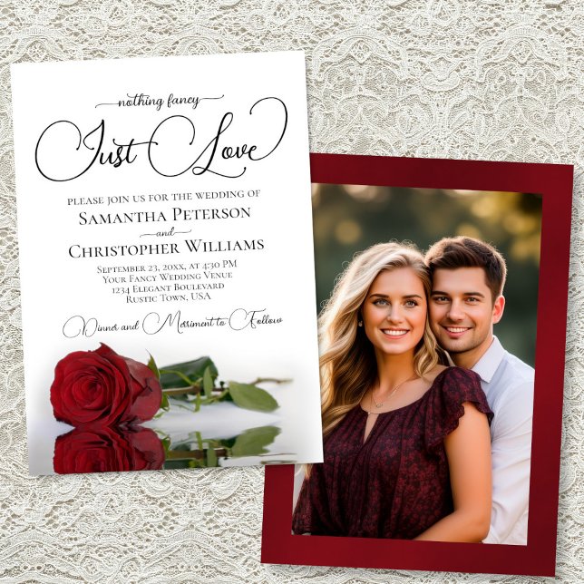 Invitation Just Love Elegant Red Rose Wedding Photo Back (Front/Back)