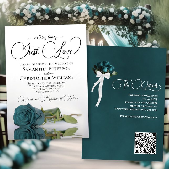 Invitation Just Love Elegant Rose Turquoise QR Code Mariage (Front/Back)