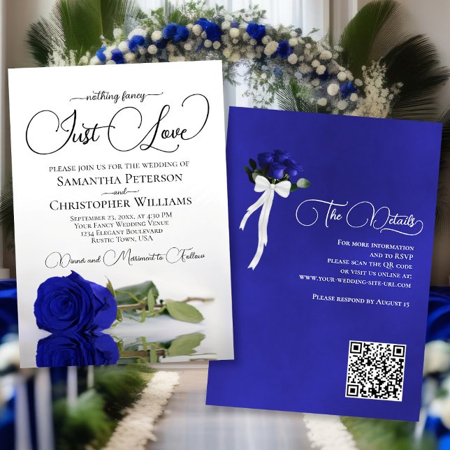 Invitation Just Love Elegant Royal Blue Rose QR Code Mariage (Front/Back)