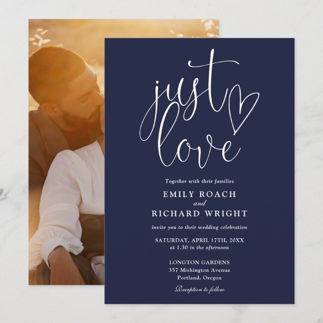 Invitation Just Love Elegant Script Photo Mariage bleu marine (Devant / Derrière)