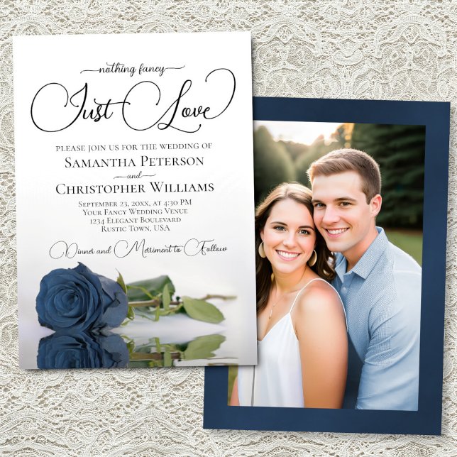 Invitation Just Love Elegant Steel Blue Rose & Photo Wedding (Front/Back)