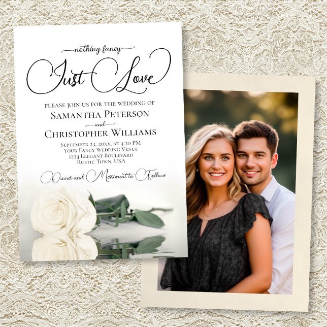 Invitation Just Love Elegant White Rose Photo Back Wedding (Front/Back)