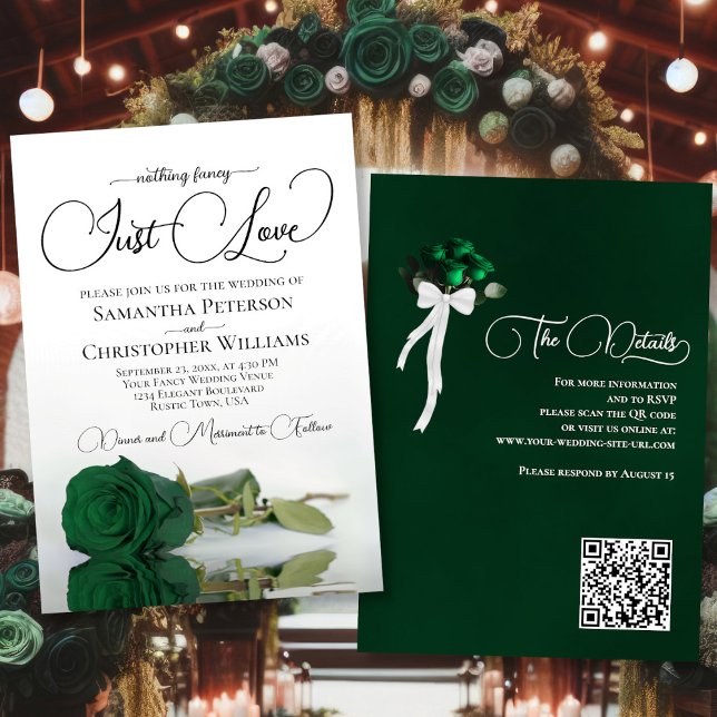 Invitation Just Love Emerald Green Rose QR Code Mariage (Front/Back)