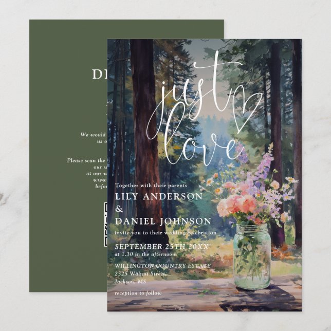 Invitation Just Love Forest Floral Bocal Mason QR Code Mariag (Devant / Derrière)