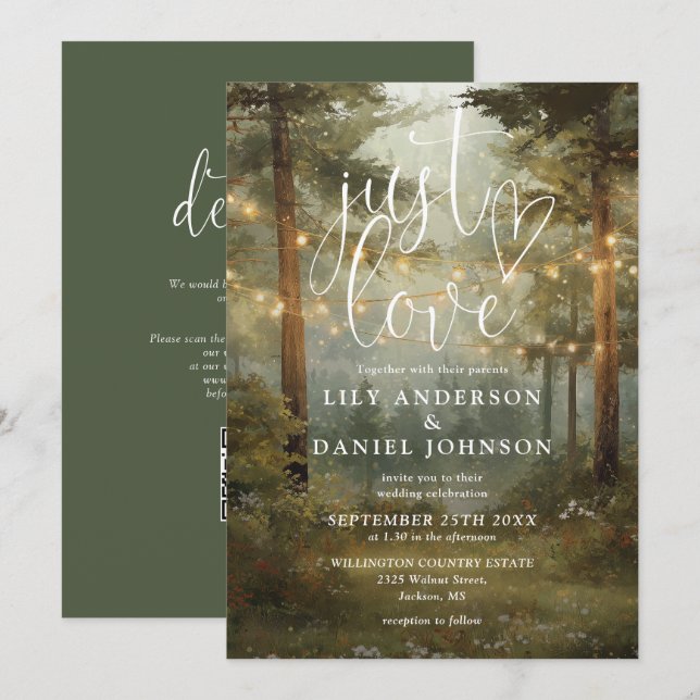Invitation Just Love Forest Guirlande Lumineuse Code QR Maria (Devant / Derrière)