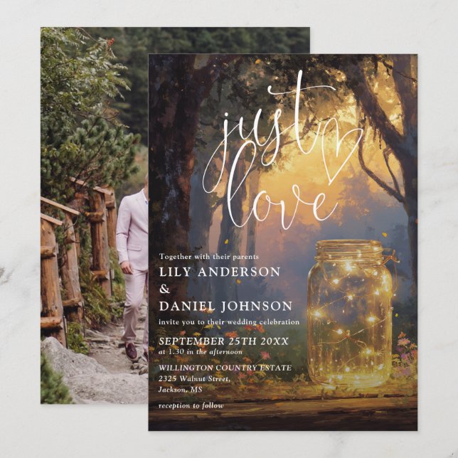 Invitation Just Love Forêt Enchantée Pot Mason Photo Mariage (Devant / Derrière)
