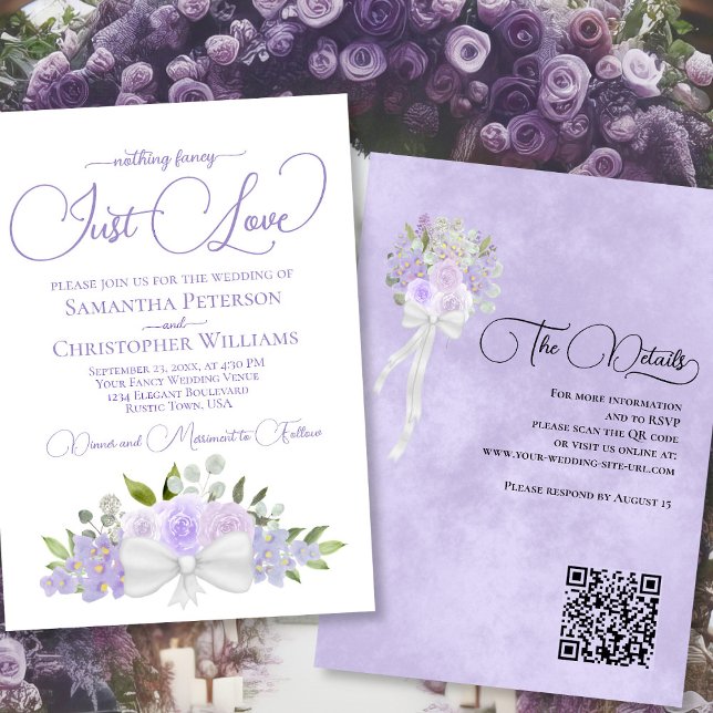 Invitation Just Love Lavender Boho Floral QR Code Mariage (Front/Back)