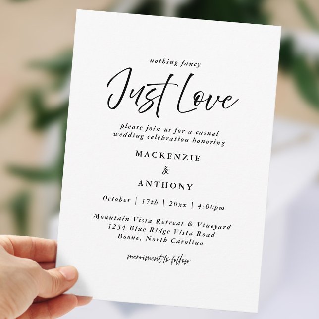 Invitation Just Love Mariage manuscrit noir blanc moderne (Just Love Handwritten Wedding Black White Modern Invitation)