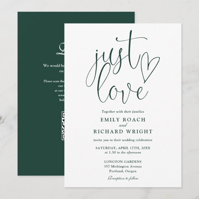 Invitation Just Love Modern QR Code Emerald Green Mariage (Devant / Derrière)