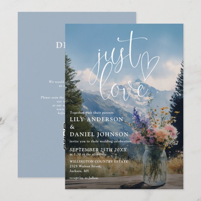 Invitation Just Love Mountain Rustique Floral Code QR Mariage (Devant / Derrière)