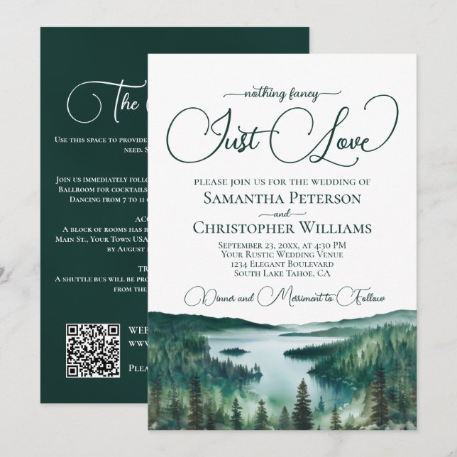 Invitation Just Love Rustic Lac Tahoe Code QR Mariage (Devant / Derrière)