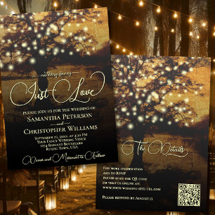 Invitation Just Love Rustic Tree & Lights QR Code Mariage